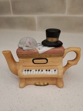 Vintage Miniature Ceramic Piano Teapot with Sleeping Cat and Top Hat
